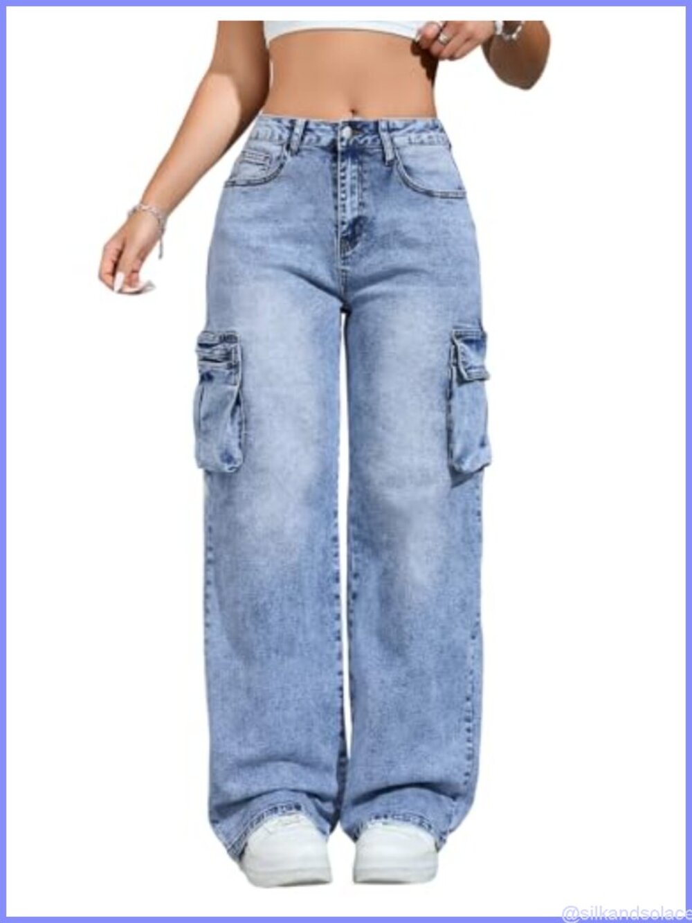 High Waisted Cargo Jeans for Women, 6 Pockets, Straight Wide Leg Baggy Denim